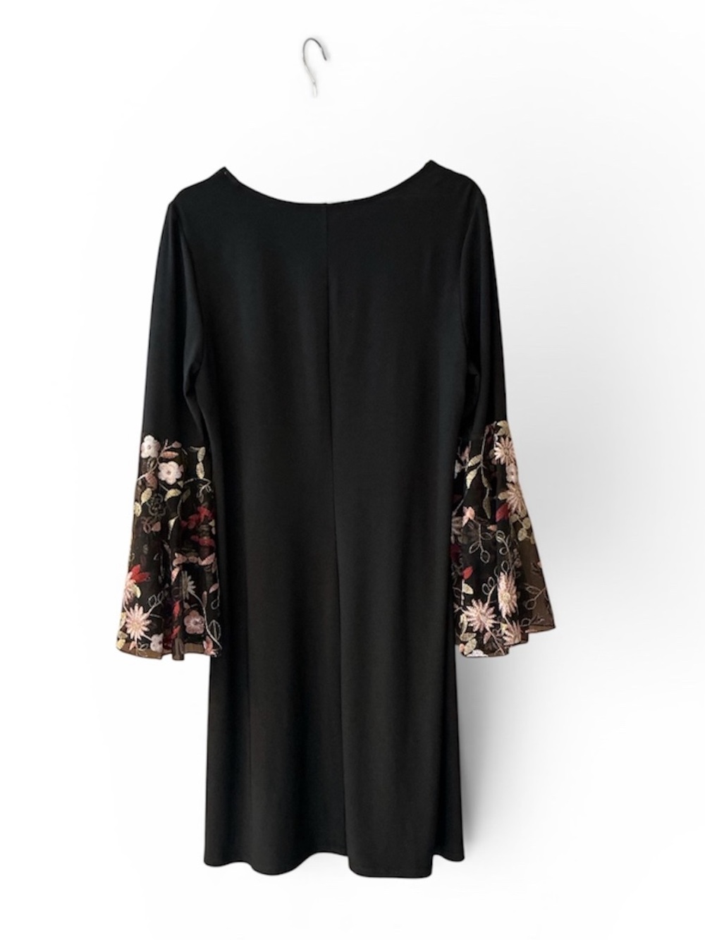 MSK Black Shift Dress with Embroidered Sheer Floral Bell Sleeves - Picture 2 of 6